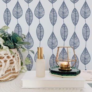 Stripy Leaf Wallpaper, Blue Botanical Design, Removable
