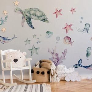 Ocean Wall Decal, Watercolour Decal Set, Nursery, Peel and Stick, Nursery Wall Sticker